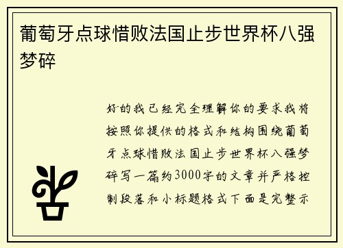 葡萄牙点球惜败法国止步世界杯八强梦碎